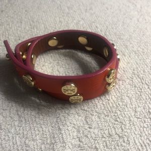 Tory Burch leather double wrap logo stud bracelet